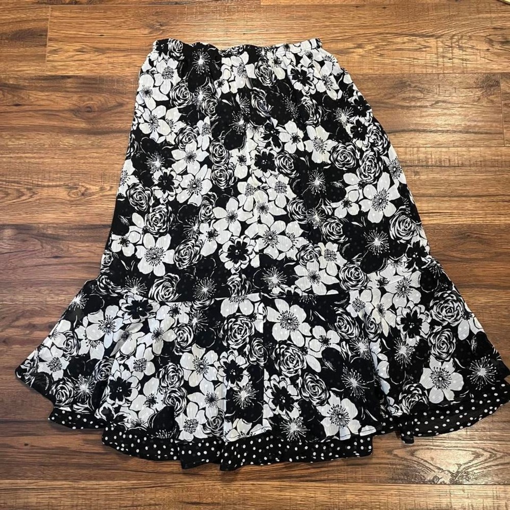 Vintage Black White Floral Maxi Skirt Ruffle Hem Double-Lined‎ Cottagecore Y2K